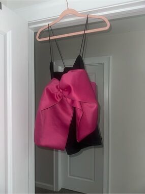 Black Satin Mini Dress with Oversized Pink Bow